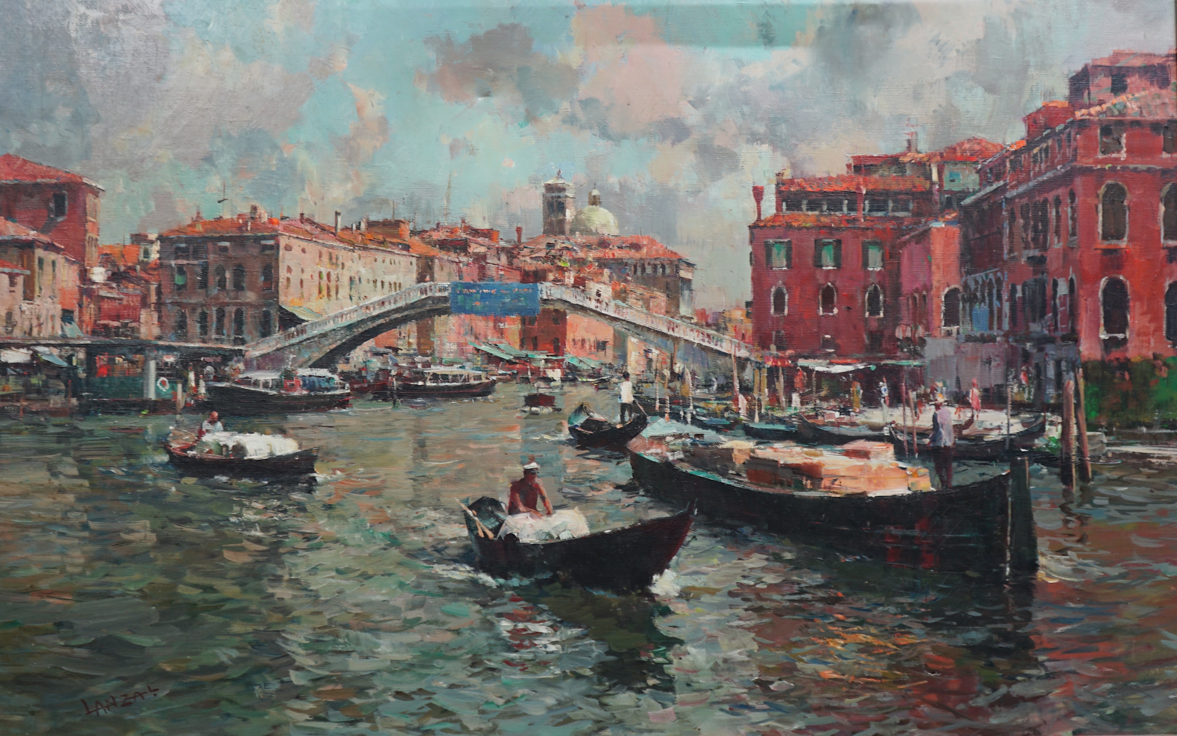 Luigi Lanza (Italian, b.1860), oil on canvas, The Rialto Bridge, Venice, signed, 60 x 90cm
